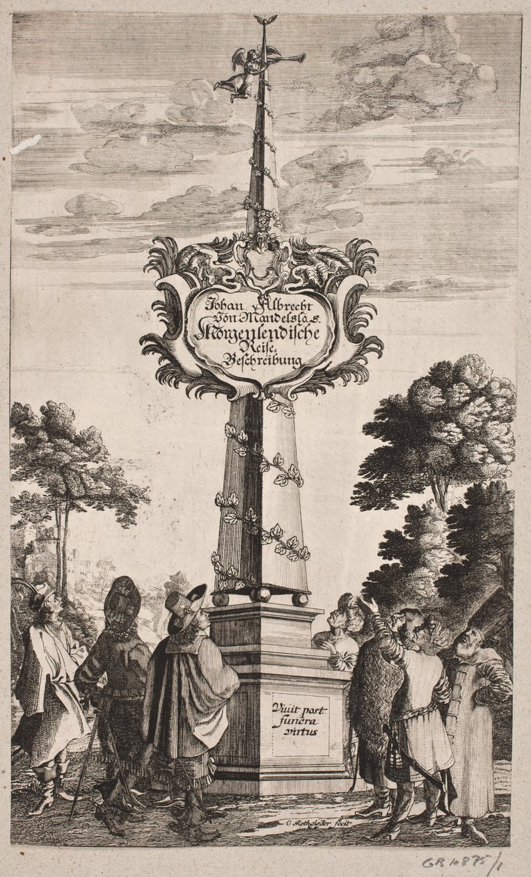 صفحة العنوان ليوهان ألبريشت ماندلسو ، "وصف السفر الشرقي [...] ، شليسفيغ 1668 بواسطة كريستيان روثجيسر