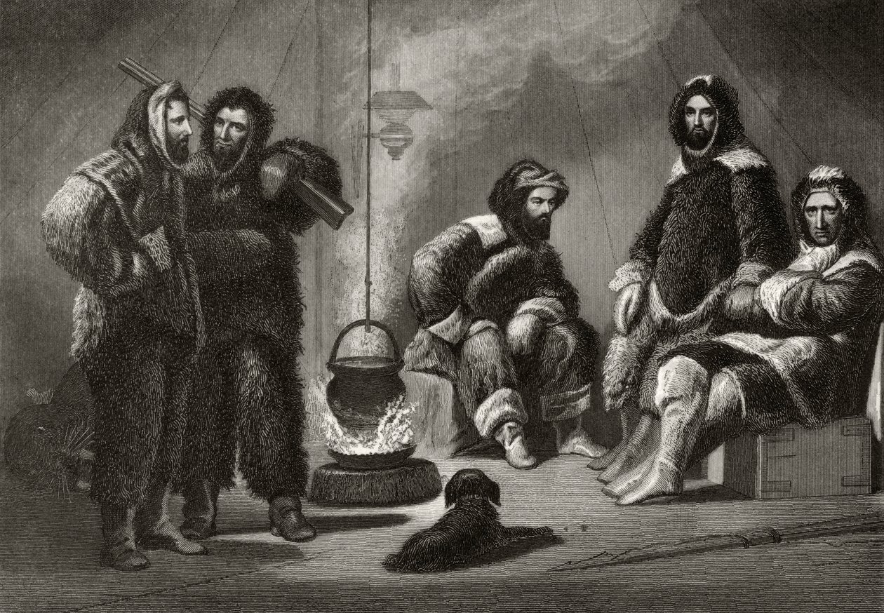 الحياة في العميد ، نقشها J.McGoffin ، من `` استكشافات القطب الشمالي في السنوات 1853 ، 54 ، 55 &39;&39; ، المجلد الأول ، من قبل الدكتورة إليشا كينت كين (1820-57) المنشورة فيلادلفيا ، 1856 بواسطة كريستيان شوسيلي