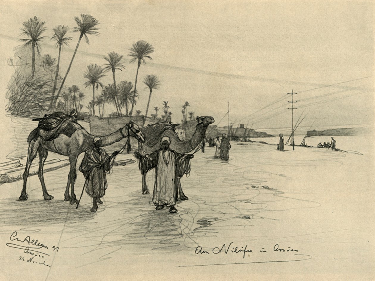 سائقي الجمال على ضفاف النيل بأسوان ، مصر ، 1898. بواسطة كريستيان فيلهلم أليرز