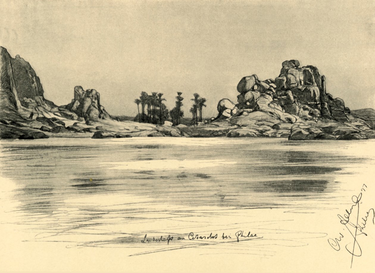 الشلال الأول بالقرب من جزيرة فيلة على نهر النيل ، مصر ، 1898. بواسطة كريستيان فيلهلم أليرز