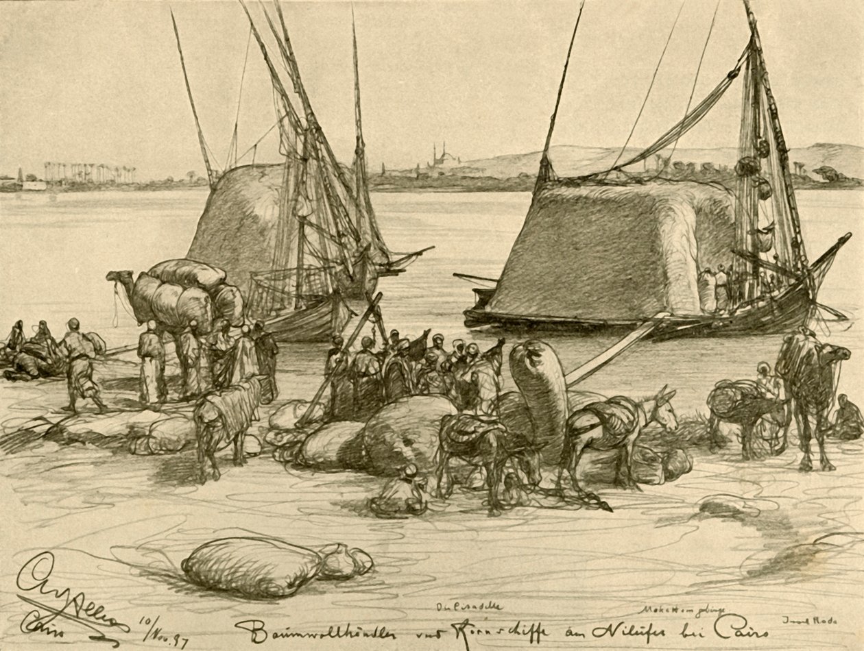 تحميل القطن على قوارب الحبوب ، نهر النيل ، القاهرة ، مصر ، 1898. بواسطة كريستيان فيلهلم أليرز