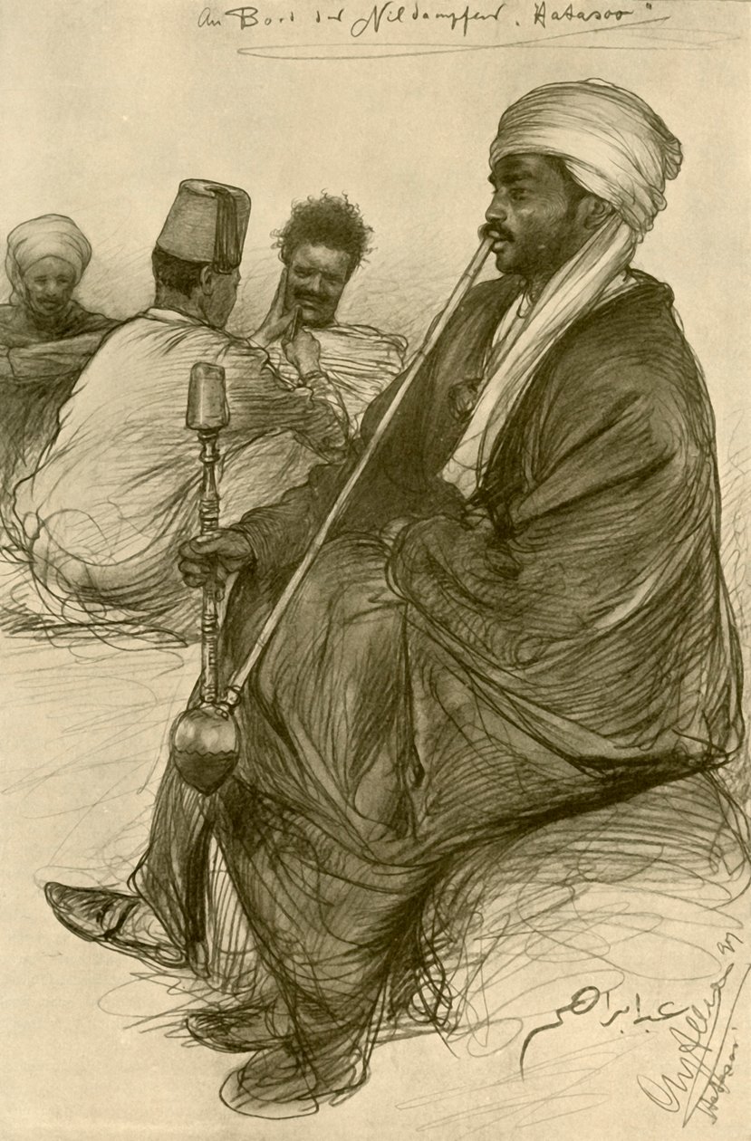 رجل يدخن النرجيلة على متن باخرة 'Hatasoo' ، مصر ، 1898. بواسطة كريستيان فيلهلم أليرز