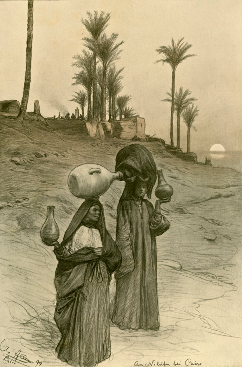 نساء يحملن أواني الماء على ضفاف النيل ، القاهرة ، مصر ، 1898. بواسطة كريستيان فيلهلم أليرز