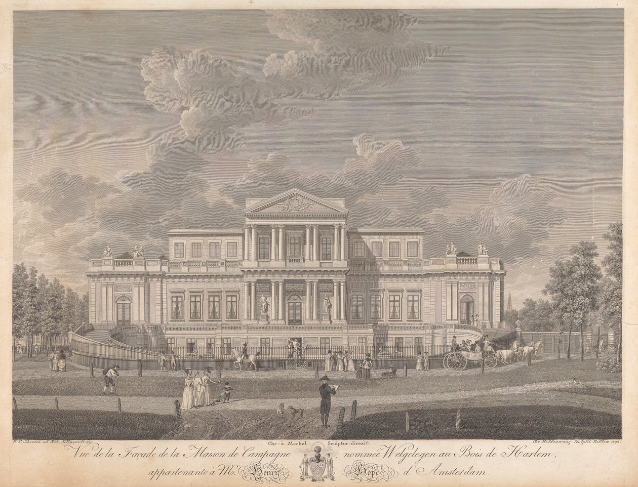 Welgelegen: منظر لواجهة المنزل الريفي المسمى Welgelegen في Harlem Wood ، الذي ينتمي إلى السيد Henry Hope of Amsterdam بواسطة كريستيان فون ميشيل