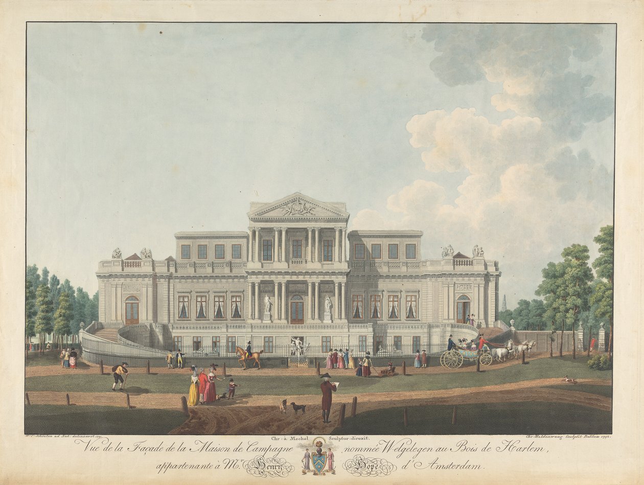 Welgelegen: منظر لواجهة المنزل الريفي المسمى Welgelegen في Harlem Wood ، الذي ينتمي إلى السيد Henry Hope of Amsterdam بواسطة كريستيان فون ميشيل