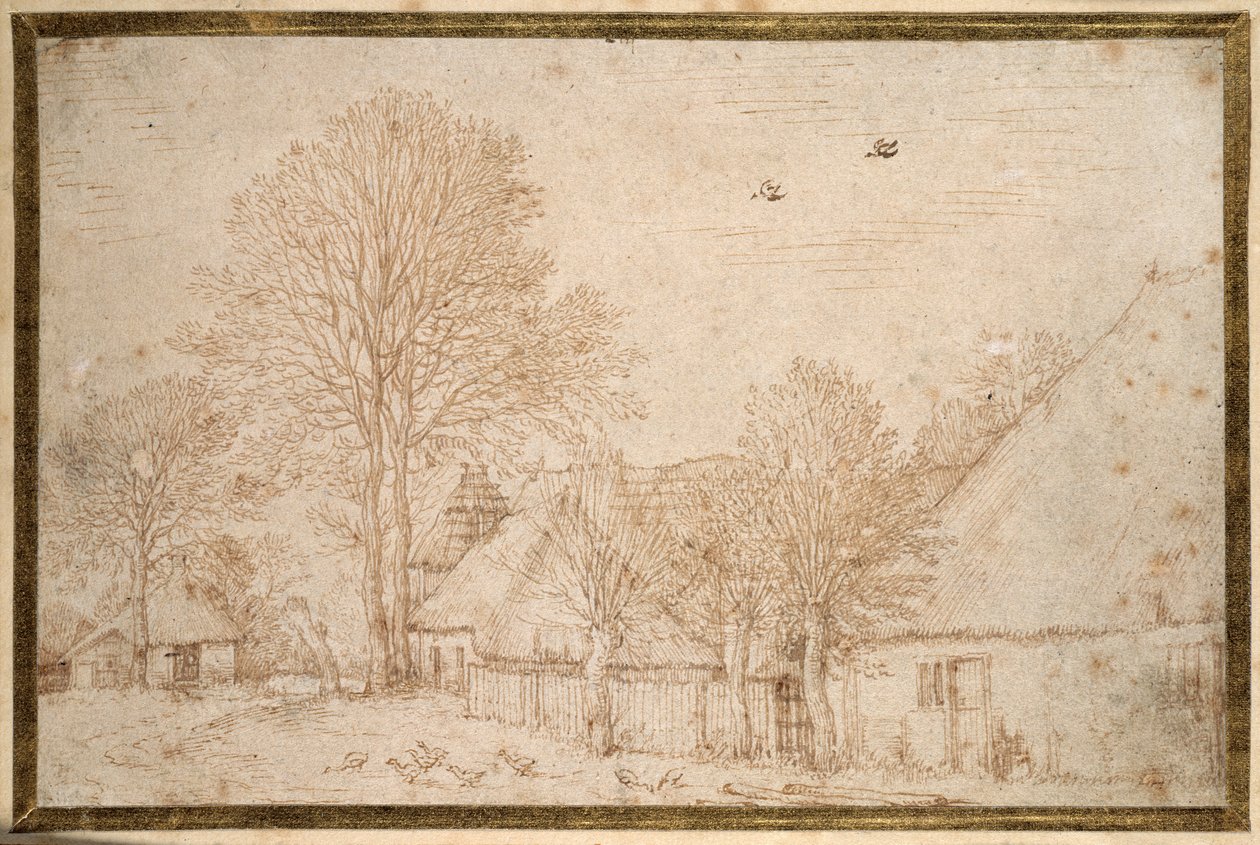 Thatched buildings, almost bare trees and a flock of geese (pen & ink on paper) بواسطة Kosma Sergeevich Petrov Vodkin
