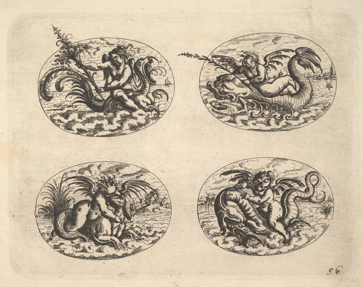 أربعة أشكال بيضاوية مع Genii ، لوحات من Neue Grotessken Buch ، 1610. بواسطة كريستوف جامنيتسر