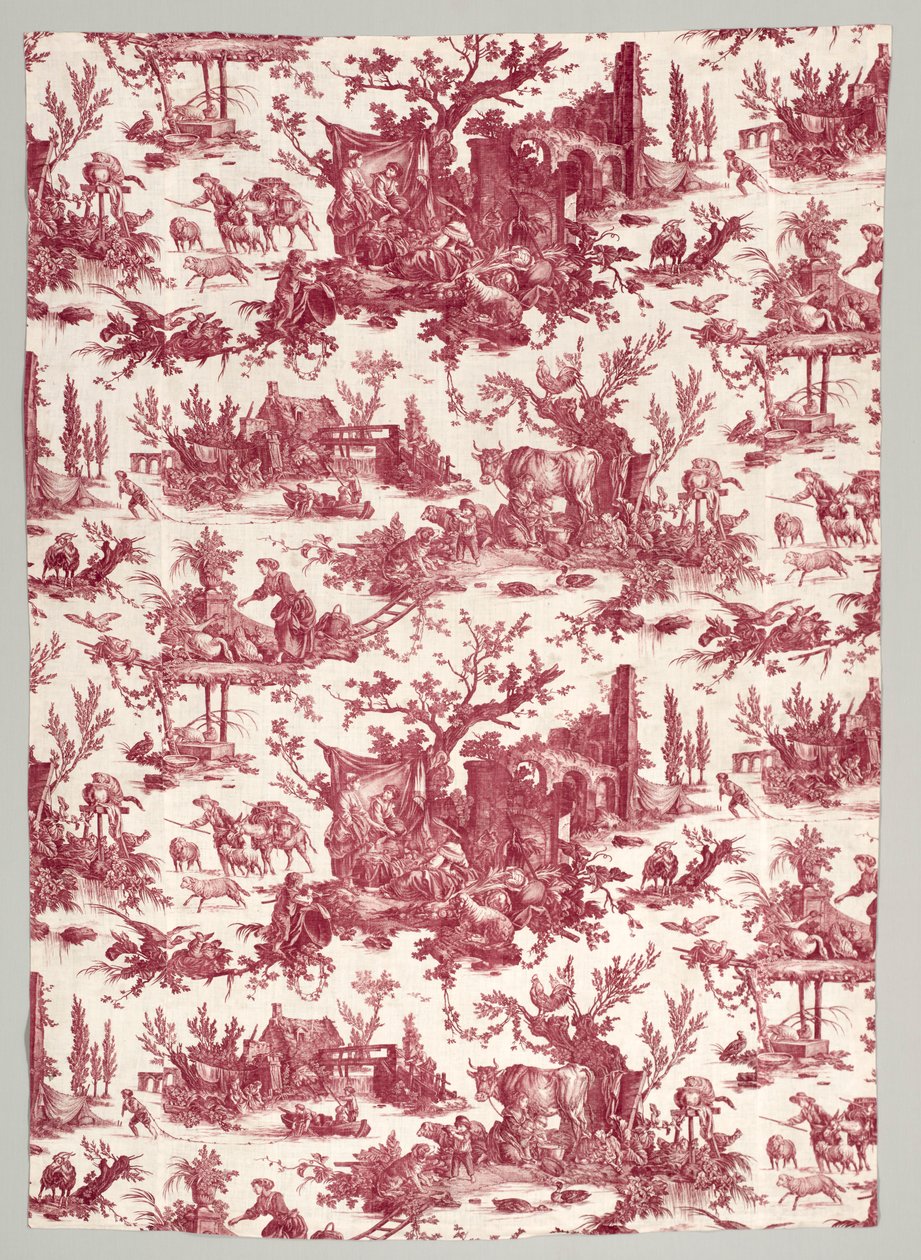 شريط من القطن المطبوع من النحاس المطبوع بتصميم Les plaisirs de la ferme ، 1785-1790. بواسطة كريستوف فيليب أوبيركامبف