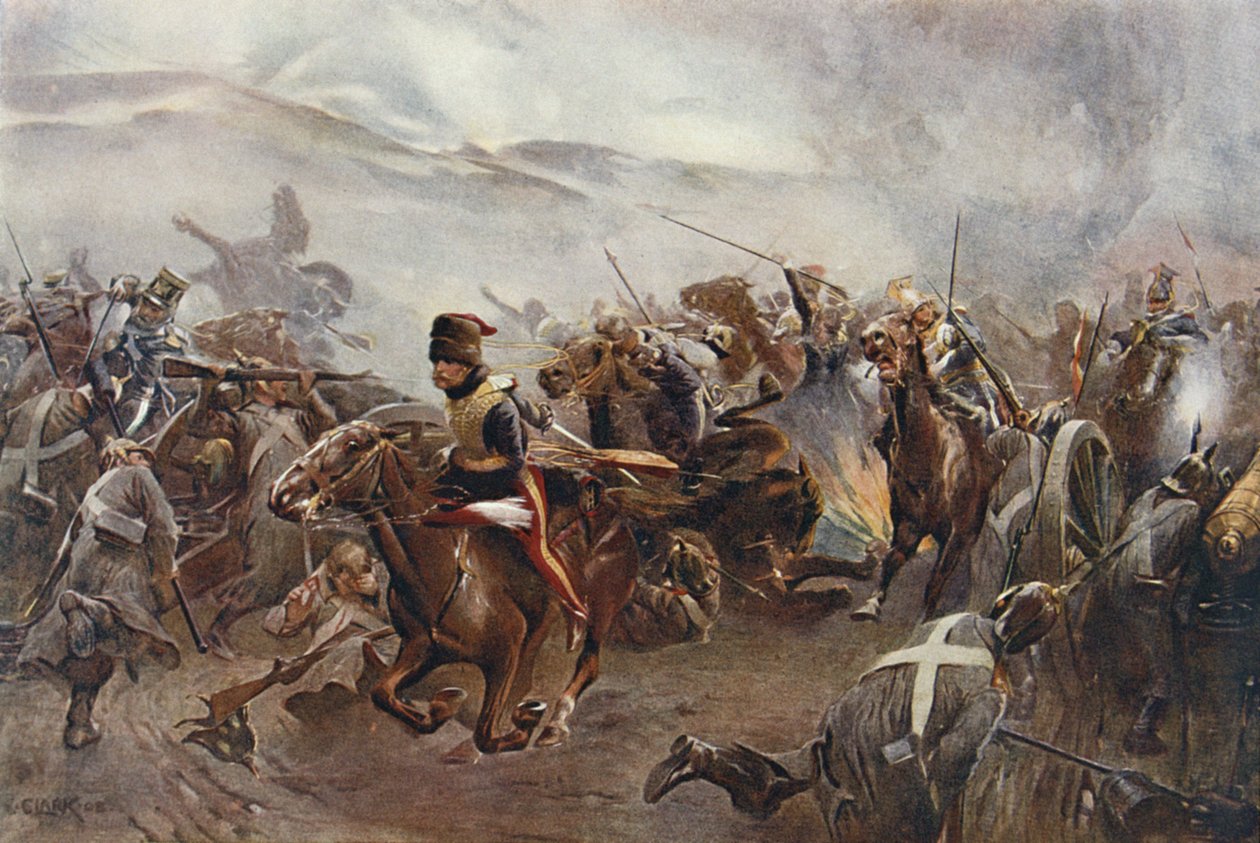 تهمة اللواء الخفيف في معركة بالاكلافا في 25 أكتوبر 1854 ، رسم توضيحي من "المعارك البريطانية في البر والبحر" حرره السير إيفلين وود (1838-1919) 1915 بواسطة كريستوفر كلارك