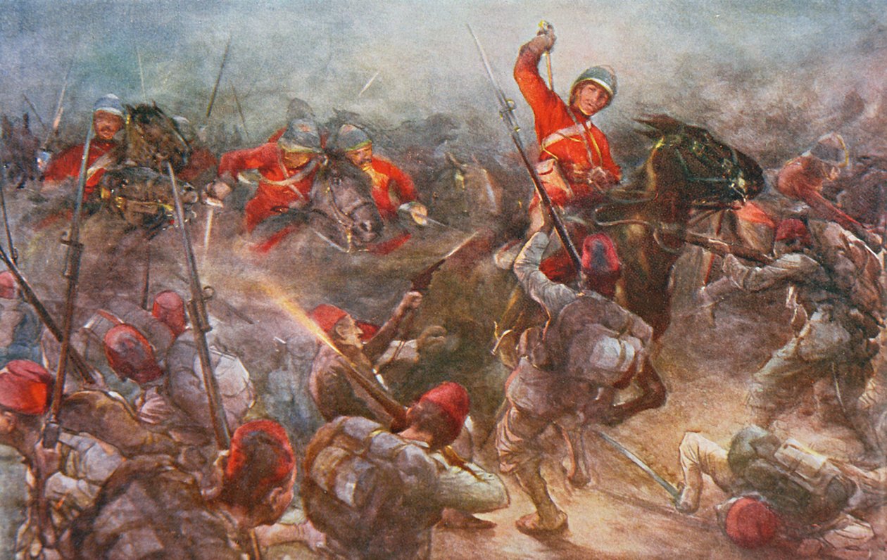 تهمة دروري لوز الفرسان في Kassassin ، 28 أغسطس 1882 ، رسم توضيحي من "المعارك البريطانية في البر والبحر" حرره السير إيفلين وود (1838-1919) 1915 بواسطة كريستوفر كلارك