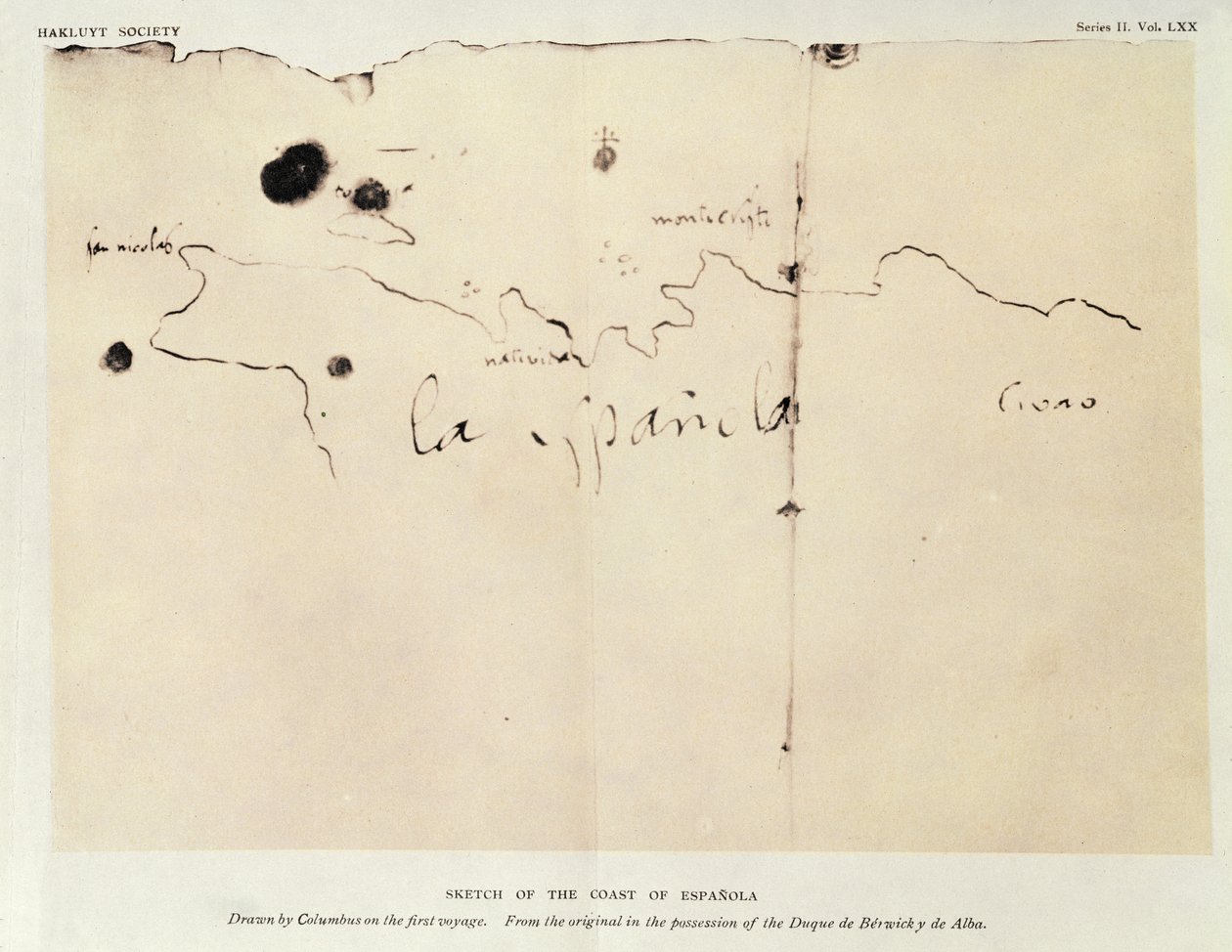 رسم تخطيطي لساحل إسبانيولا ، رسمه كولومبوس في الرحلة الأولى ، من الأصل بحوزة Duque de Berwick y de Alba ، 1492 (حبر على ورق) بواسطة كريستوفر كولومبوس