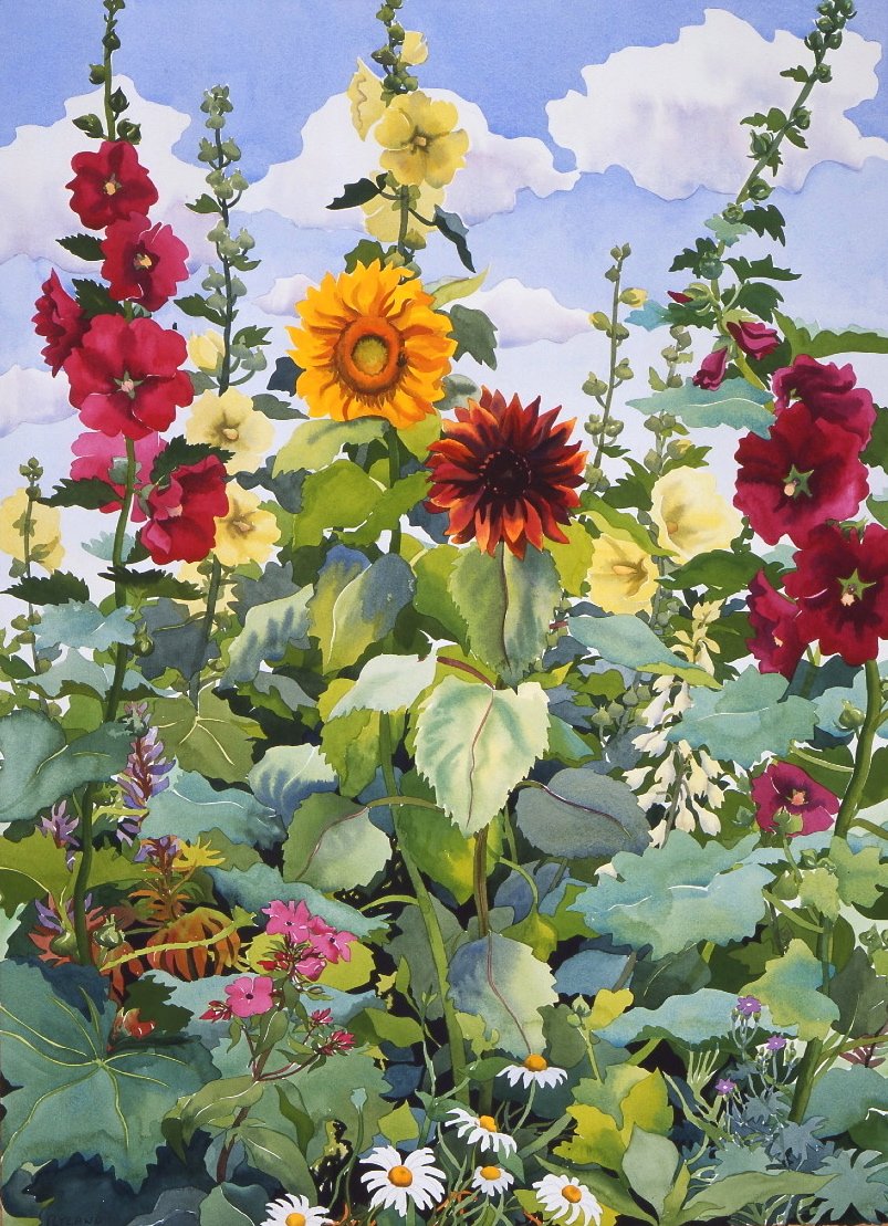 Hollyhocks and Sunflowers ، 2003 (ألوان مائية على ورق) بواسطة كريستوفر ريلاند