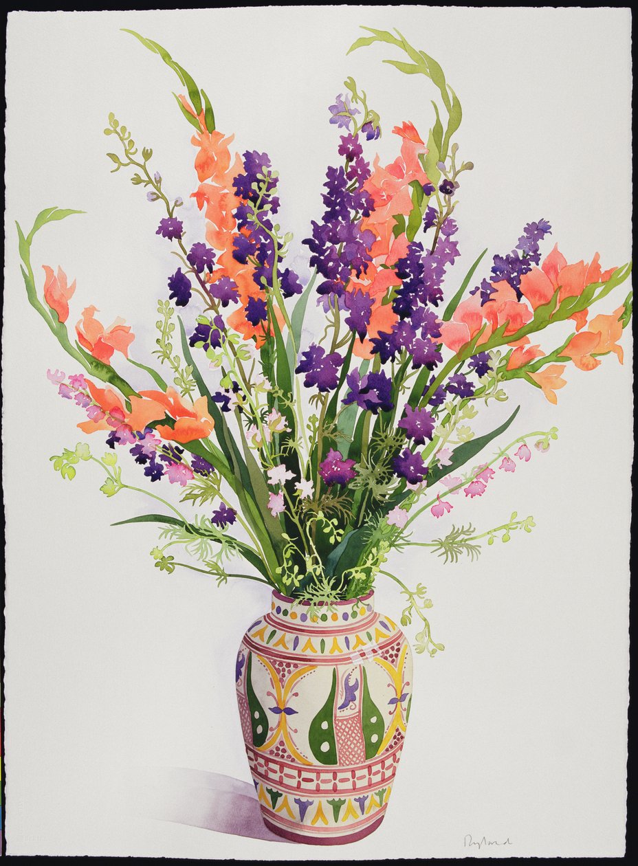 Larkspur و Gladioli في إناء مغربي (مرحاض) بواسطة كريستوفر ريلاند