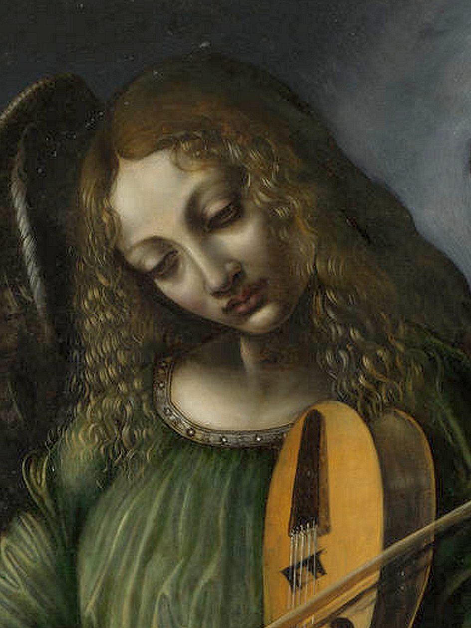 ملاك باللون الأخضر مع لوحة ، جزء من S. Francesco Altarpiece ، ميلان بواسطة دائرة ليوناردو دا فينشي