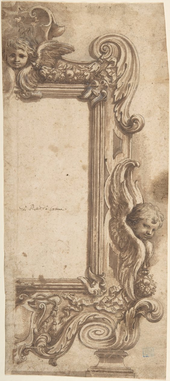 تصميم نصف إطار مزين بالملائكة والأشكال الحلزونية والأكاليل ، 1634-89. بواسطة سيرو فيري.