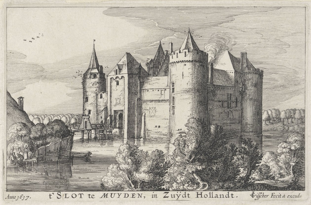 منظر من Muiderslot فتحة في Muyden ، في Zuijdt Hollandt (العنوان على الكائن) القلاع في هولندا وأوترخت (عنوان المسلسل) بواسطة كلايس جانز. فيشر (الثاني)