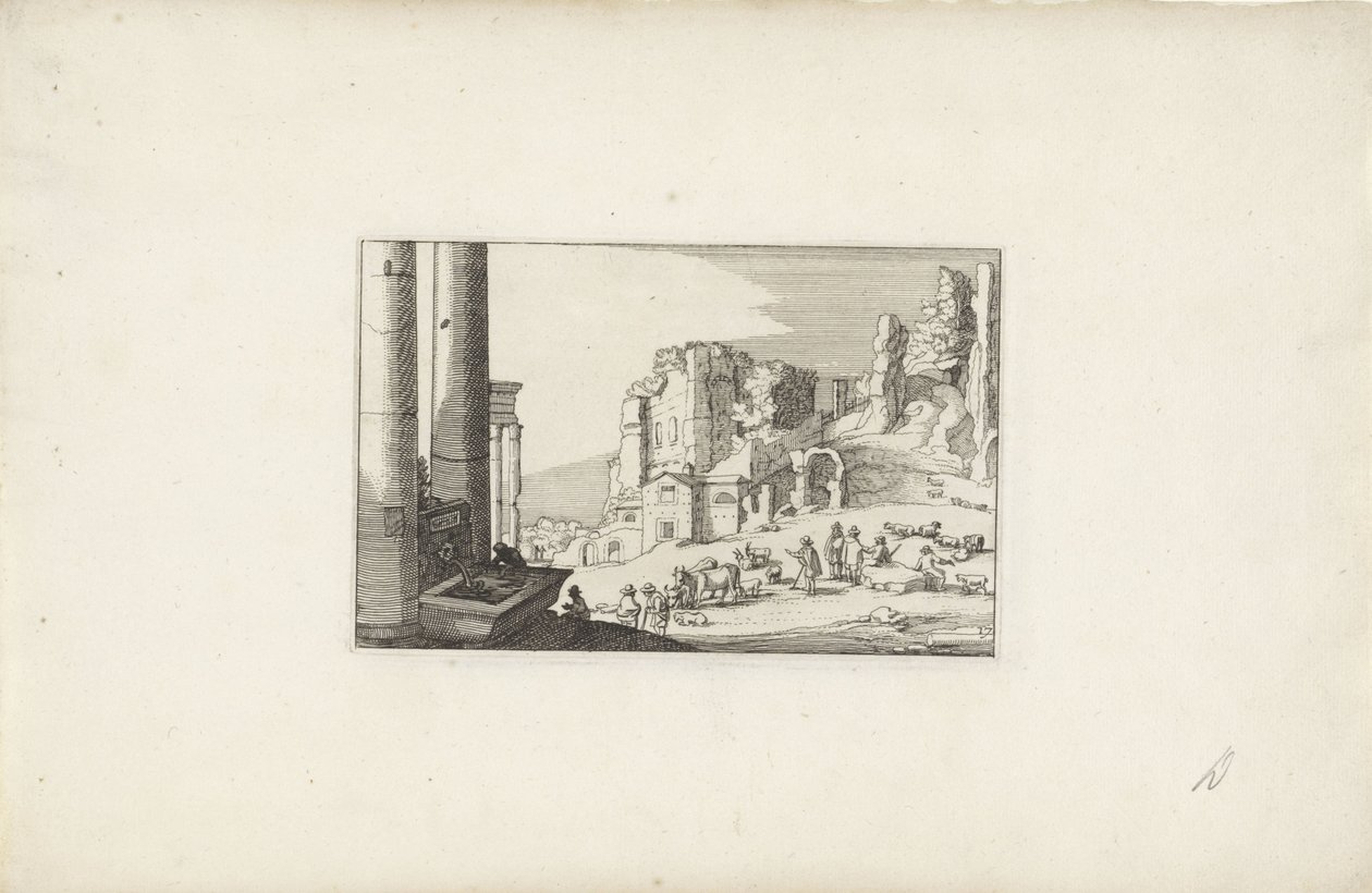 تلال منظر طبيعي بها نافورة ورعاة المناظر الطبيعية الإيطالية مع الآثار (عنوان المسلسل) Variae Antiquitates Romanae (عنوان السلسلة على الكائن) بواسطة كلايس جانز. فيشر (الثاني)