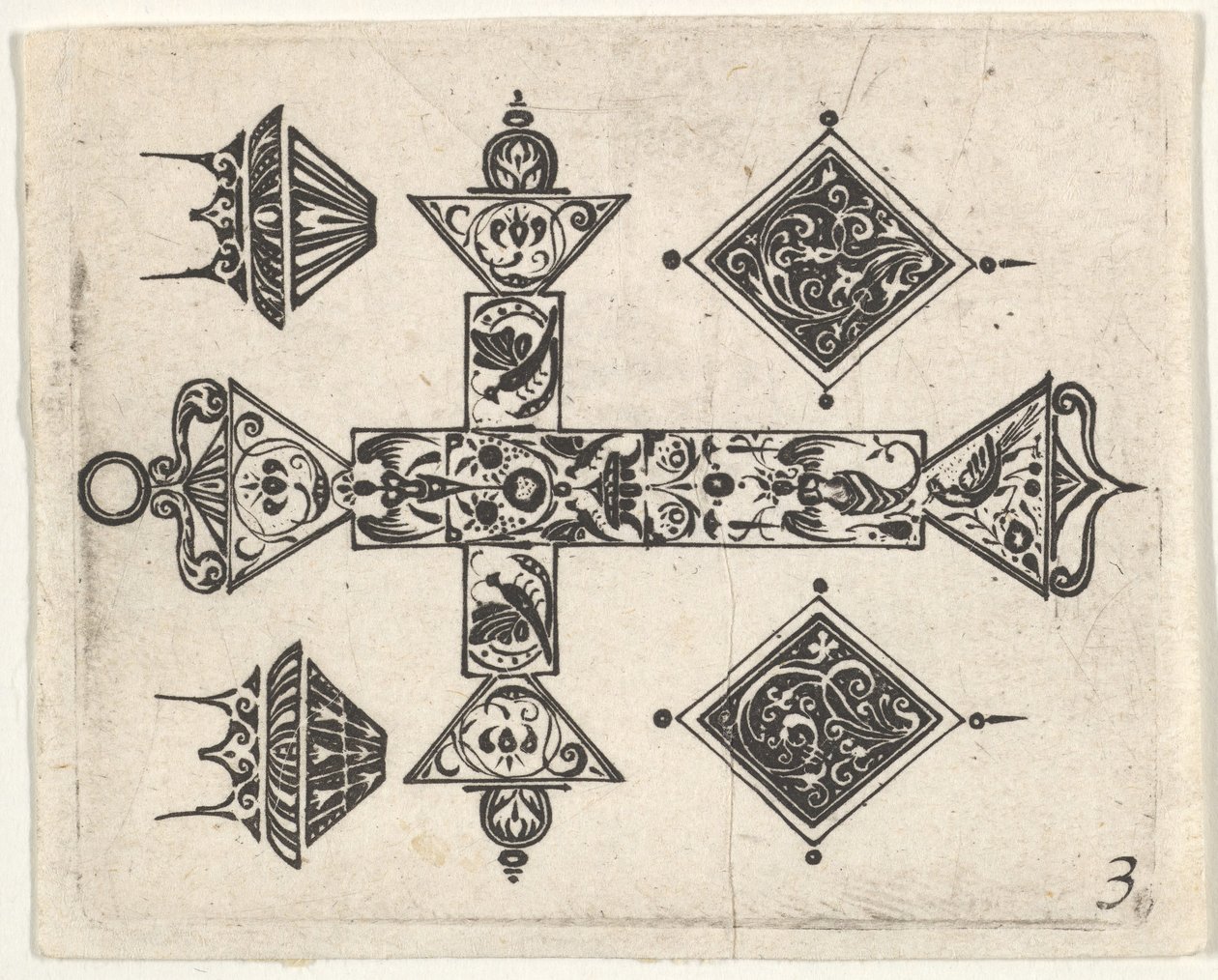 طباعة Blackwork بصليب لاتيني وأربعة زخارف ، كاليفورنيا. 1620. بواسطة كلايس جانز فيشر