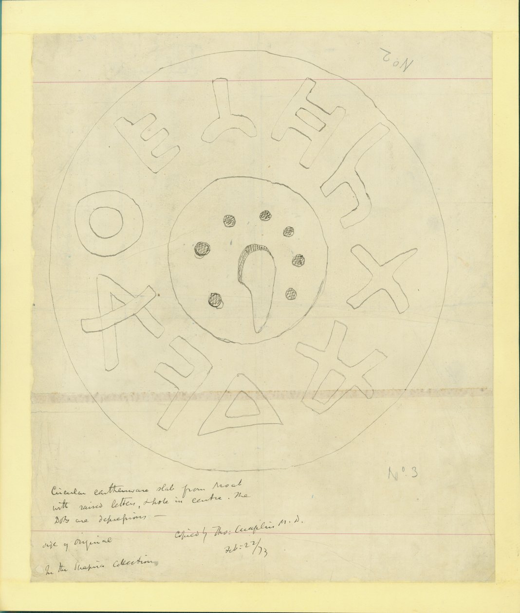 بلاطة فخارية دائرية من موآب من مجموعة شابيرا الثانية ، 1873 (مرحاض وقلم رصاص على ورق) بواسطة كلود كوندر