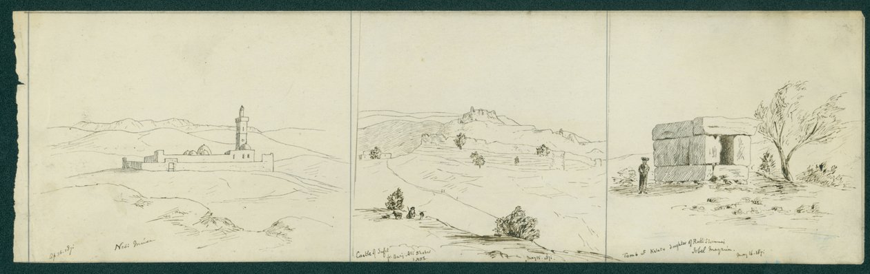 LtoR: Nebi Musa، Castle of Safet and Tomb of Kalata، 1871 بواسطة كلود كوندر