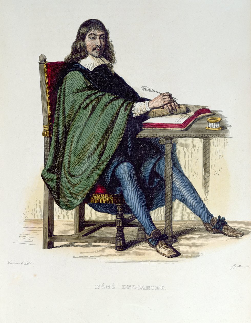 رينيه ديكارت (1596-1650) ، توضيح من "Le Plutarque Francais" ny E.Mennechet ، نُشر في باريس ، 1835 (نقش الألوان) بواسطة كلود جاكوند