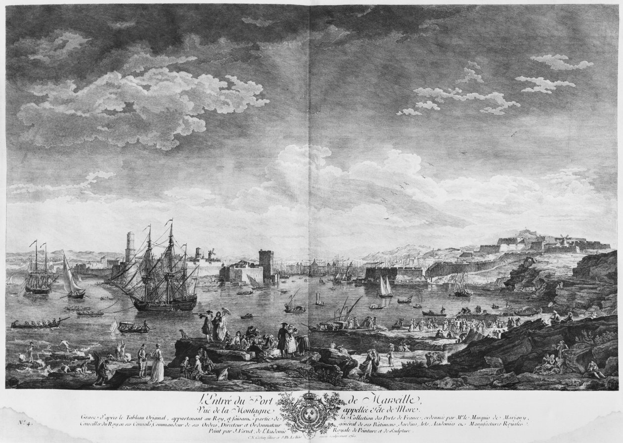 مدخل إلى ميناء مرسيليا ، الذي يُرى من الجبل المسمى Tete de More ، سلسلة "Les Ports de France" ، التي نقشها تشارلز نيكولاس كوتشين الأصغر (1715-90) وجاك فيليب لو باس (17 بواسطة كلود جوزيف فيرنيه