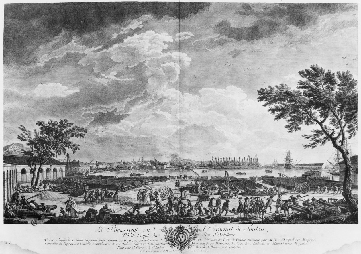 New Port and Arsenal of Toulon ، يُنظر إليه من مستودع المدفعية ، سلسلة "Les Ports de France" ، محفورة من قبل تشارلز نيكولاس كوتشين الأصغر (1715-90) و جاك فيليب لو باس (1707-83) 1760 (إلخ بواسطة كلود جوزيف فيرنيه