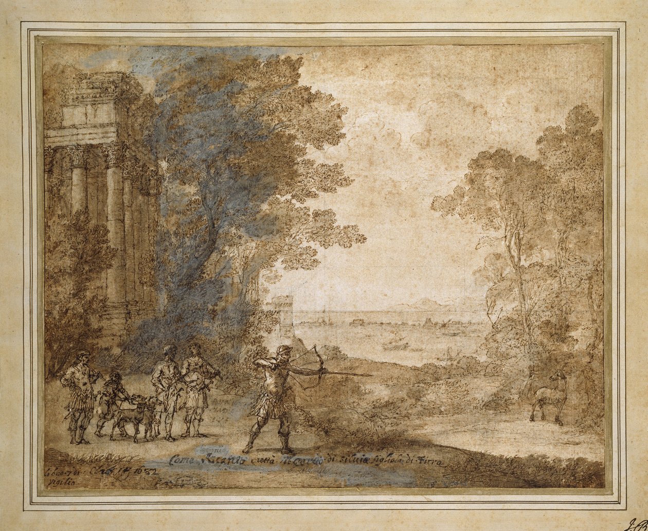 منظر طبيعي مع Ascanius تصوير Stag of Sylvia ، 1680-82 (طباشير أسود باهت مع قلم وحبر بني ، غسيل بني ولون أبيض) بواسطة كلود لورين