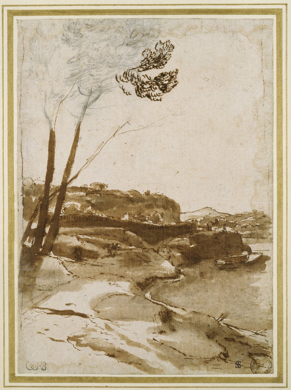 المسار على طول نهر التيبر ، 1635-40 (طباشير أسود مع قلم وحبر بني وغسل بني على ورق أبيض) بواسطة كلود لورين