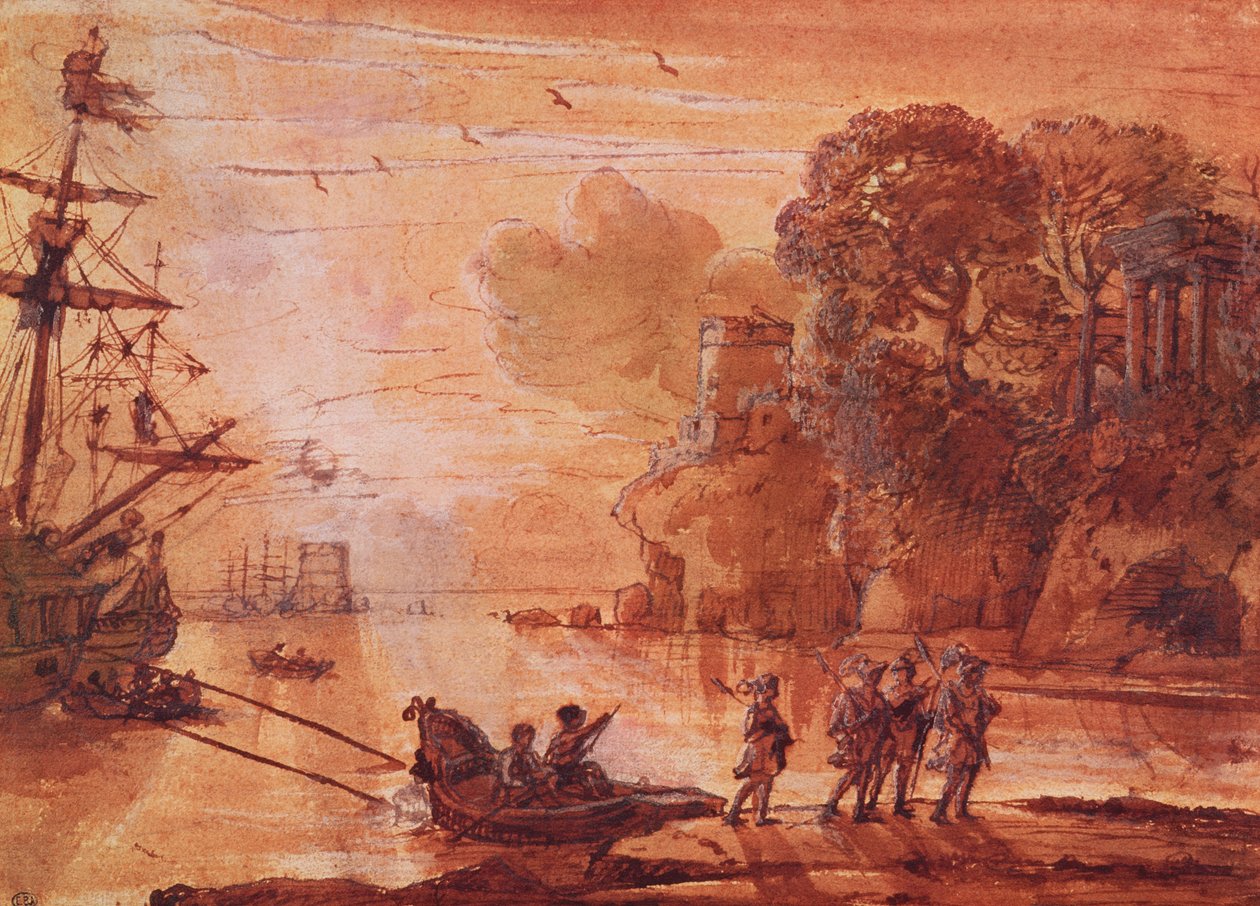 إنزال المحاربين في ميناء ، ربما أينيس في لاتيوم ، 1660-65 (غسل القلم والحبر مع الغواش على الورق) بواسطة كلود لورين