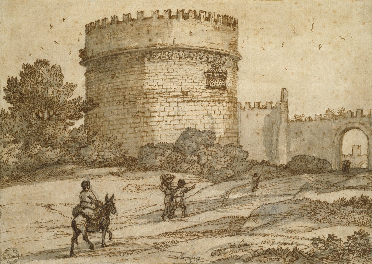 مقبرة سيسيليا ميتيلا ، 1669 (طباشير أسود مع قلم وحبر بني وغسل رمادي-بني على ورق أبيض باهت السطح) بواسطة كلود لورين