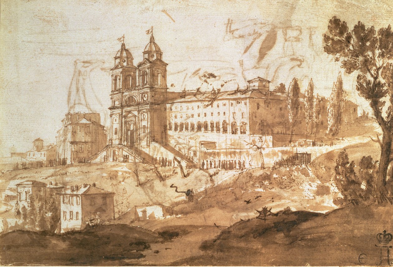 منظر لكنيسة S. Trinita dei Monti ، روما ، c.1632 (قلم وحبر مع غسل بني) بواسطة كلود لورين