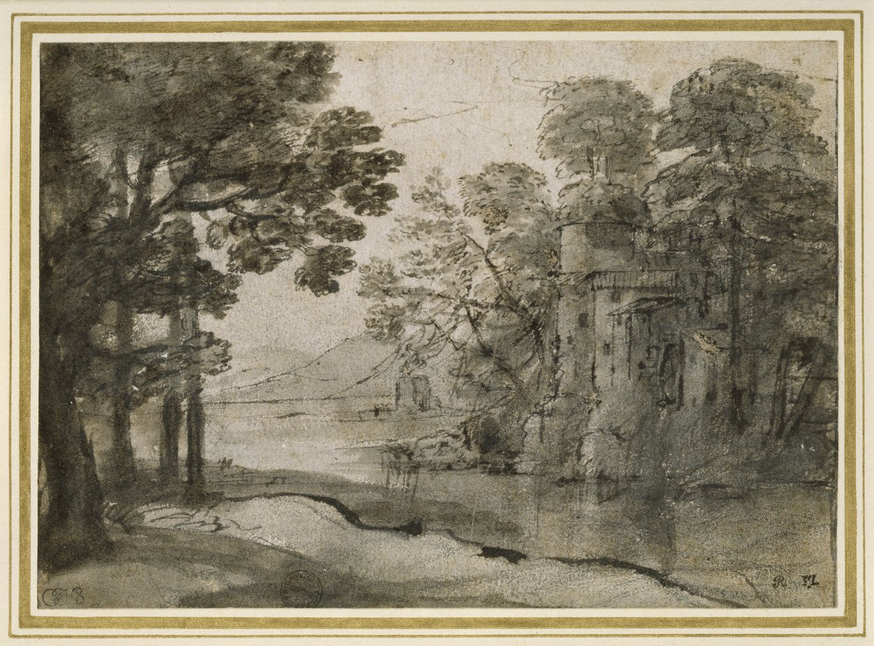 طاحونة بين الأشجار ، c.1635-38 (قلم وحبر أسود مع غسل رمادي على الطباشير الأسود على ورق أبيض) بواسطة كلود لورين