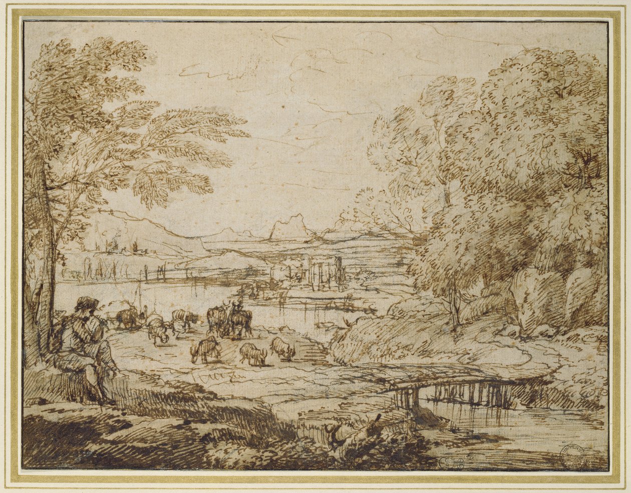 شباب يلعبون غليونًا في منظر رعوي ، 1640s (طباشير أسود مع قلم وحبر بني وغسل بني شاحب على ورق بيج شاحب) بواسطة كلود لورين