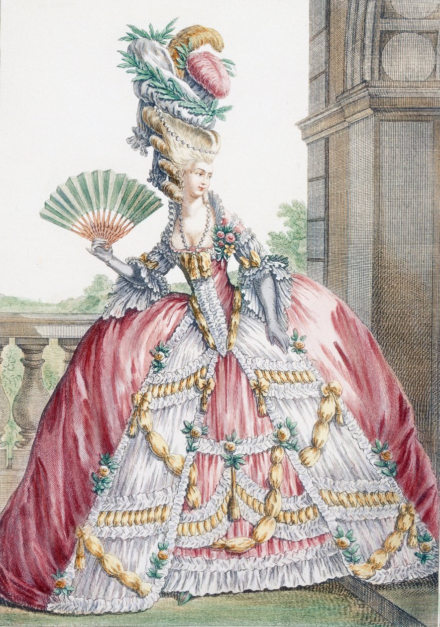 Grand Robe a La Francais ، محفورة بواسطة Voysard ، لوحة من "Galeries des Modes et Costumes Francais" ، c.1778-87 بواسطة كلود لويس Desrais
