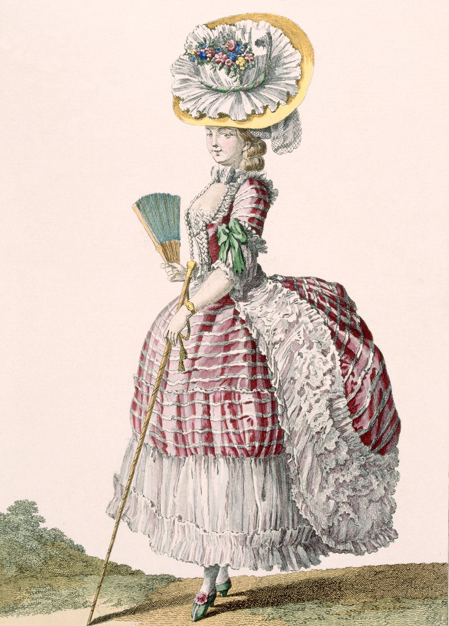 سيدة ترتدي فستانًا مستوحى من أسلوب الاستعمار ، منقوشًا من Dupin ، اللوحة رقم 82 من "Galeries des Modes et Costumes Francais" ، c.1778-87 بواسطة كلود لويس Desrais
