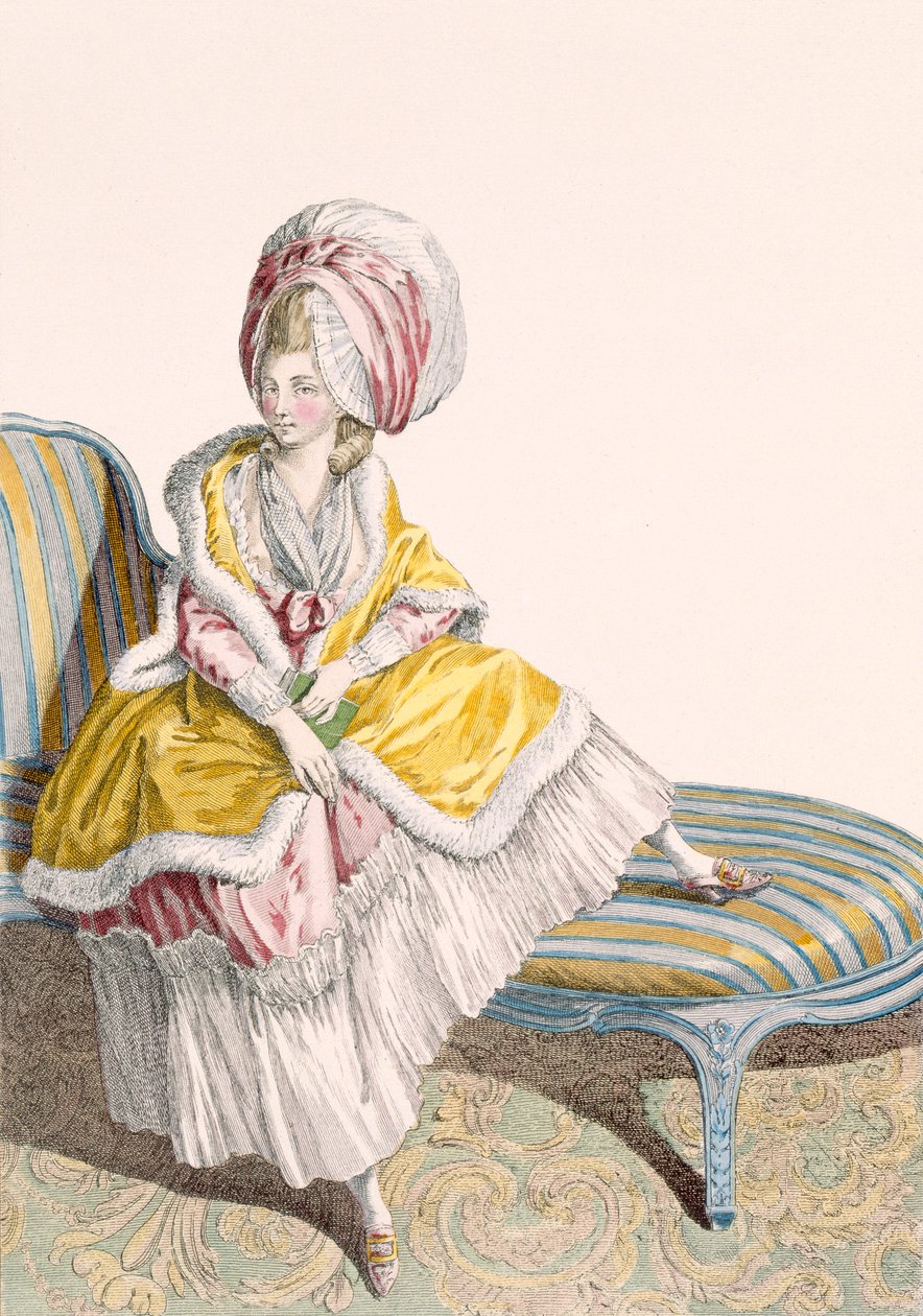 سيدة في ثوب الصباح بالليمون والوردي ، منقوش بواسطة Dupin ، اللوحة رقم 55 من "Galeries des Modes et Costumes Francais" ، c.1778-87 بواسطة كلود لويس Desrais