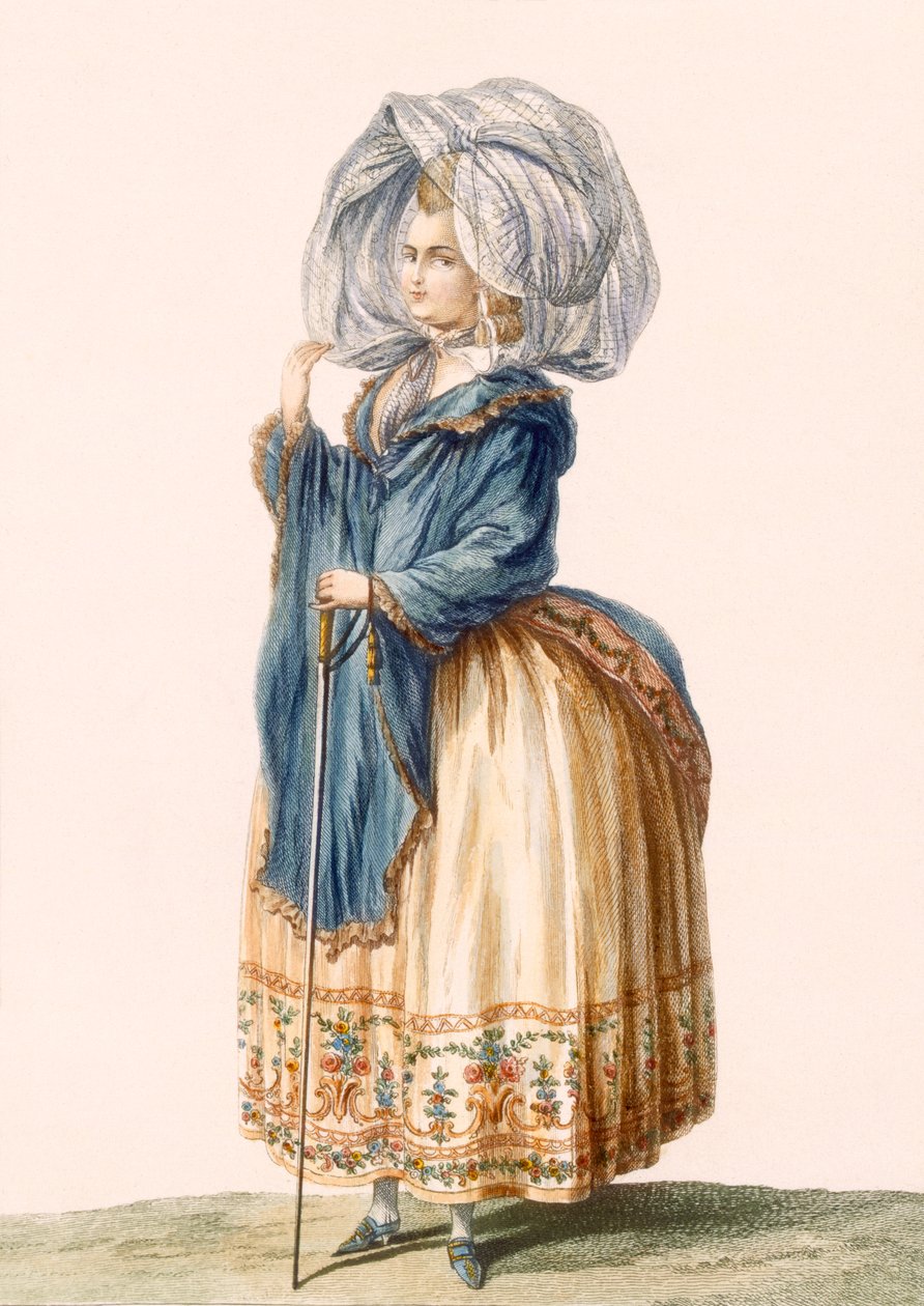 ثوب سيدة ، منقوش بواسطة فويزارد ، لوحة من "Galeries des Modes et Costumes Francais" ، c.1778-87 99: ملابس ؛ لباس تقليدي لباس تقليدي؛ موضه؛ توضيح؛ القرن الثامن عشر بواسطة كلود لويس Desrais