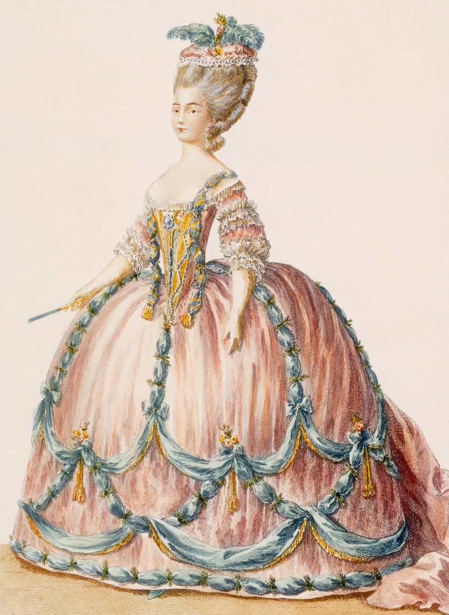 ثوب سيدة للمحكمة الملكية ، نقش ديني ، من "Galeries des Modes et Costumes Francais" ، c.1778-87 بواسطة كلود لويس Desrais