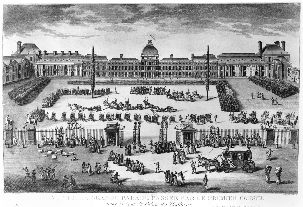 نابليون بونابرت (1769-1821) القنصل الأول ، مراجعة قواته في فناء قصر التويلري ، منقوش على يد بيير أدريان لو بو (مواليد 1748) بواسطة كلود لويس Desrais
