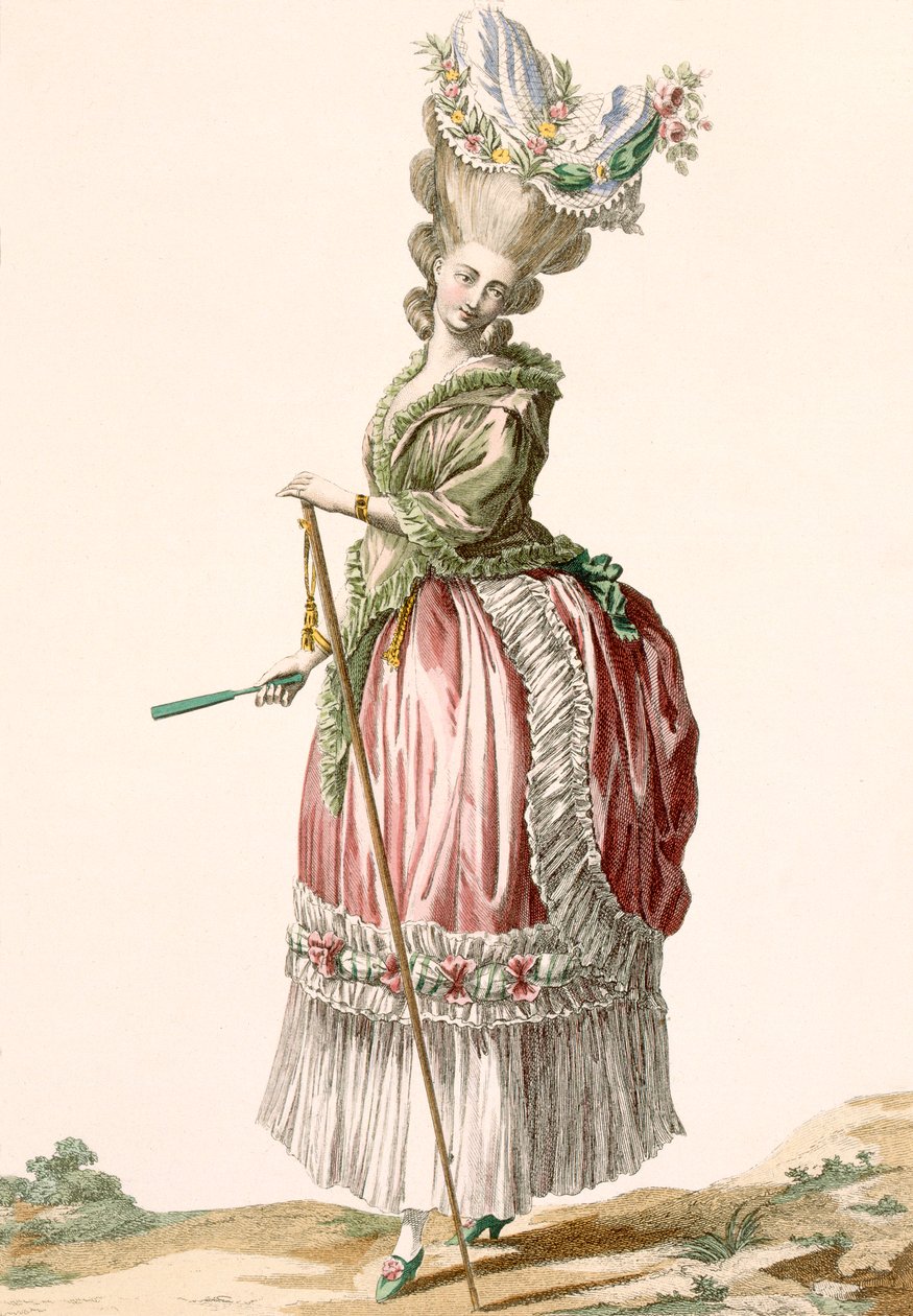 ثوب المشي النسائي البروفنسالي ، المنقوش بواسطة Dupin ، اللوحة رقم 17 من "Galeries des Modes et Costumes Francais" ، c.1778-87 بواسطة كلود لويس Desrais