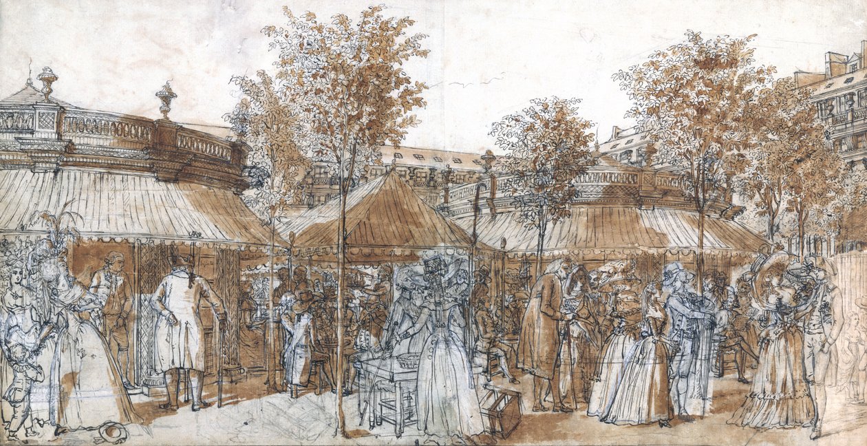 قصر القصر الملكي في عام 1787 (قلم وحبر بني على ورق) بواسطة كلود لويس Desrais