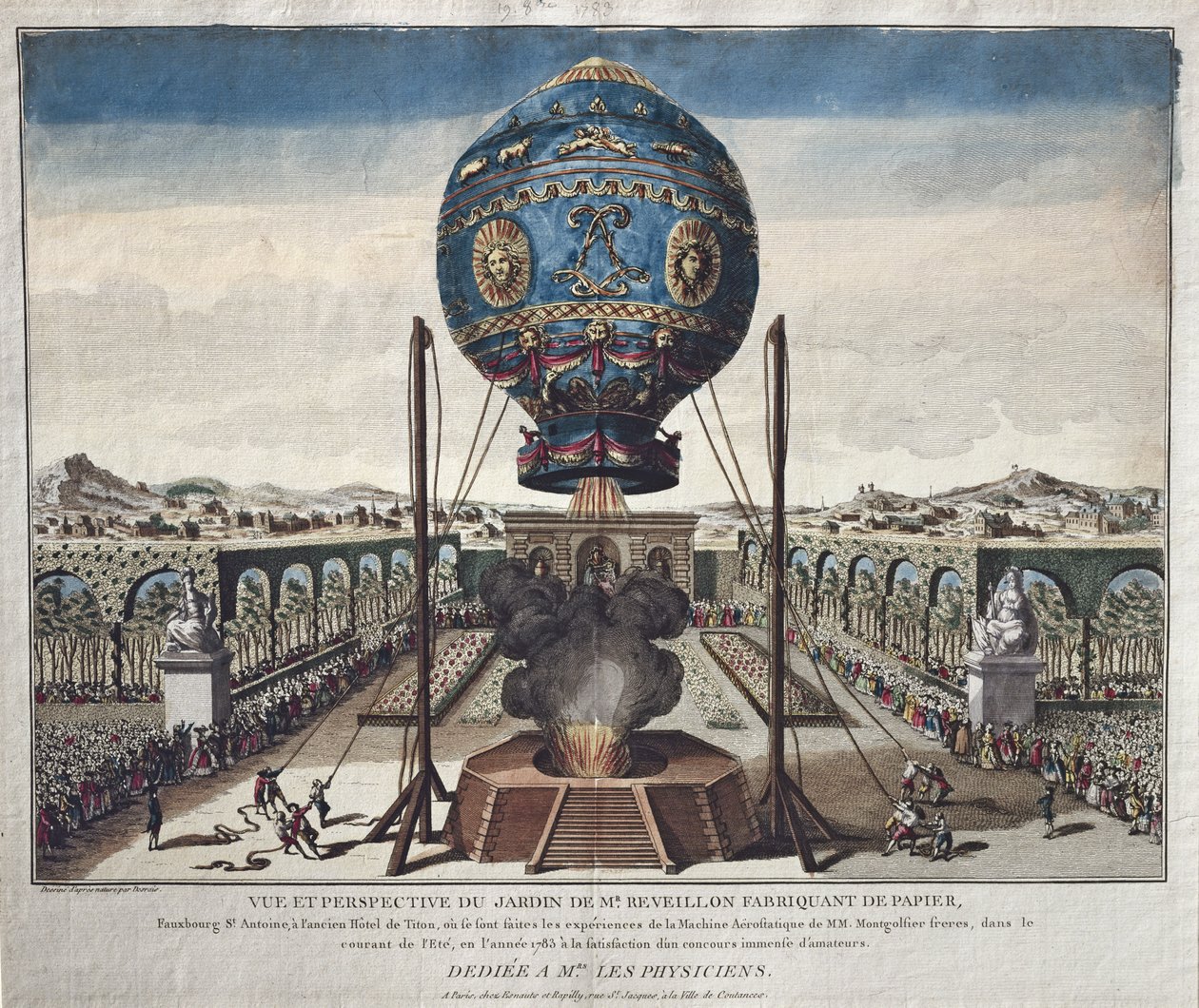 منظر لتجربة بالون مونتغولفير براذرز في حديقة M.Reveillon في 19 أكتوبر 1783 بواسطة كلود لويس Desrais