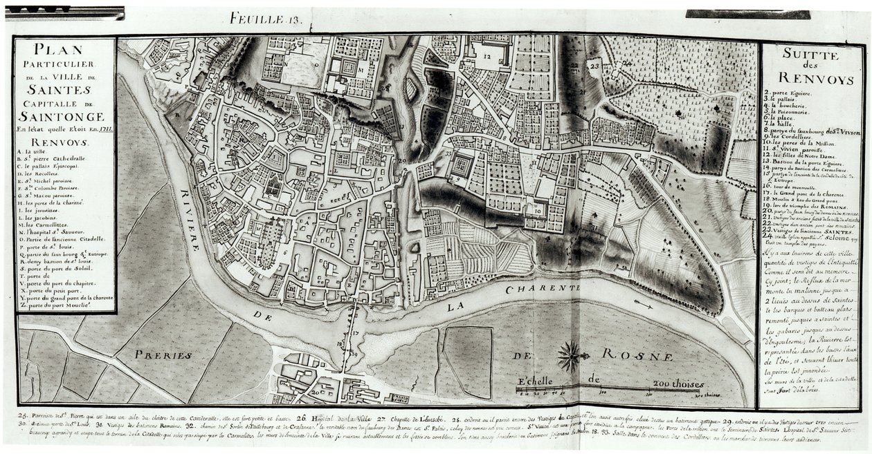 Atlas 131 صفحة 13 خريطة سانتيس ، عاصمة Saintonge ، من "Recueil des Plans de Saintonge" ، 1711 (قلم جاف وحبر ومرحاض على ورق) بواسطة كلود ماسي