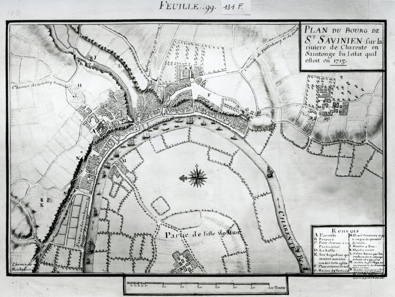 خريطة Fol.99 لخريطة سانت سافينين على نهر شارينت في عام 1713 ، من "Recueil des Plans de Saintonge" (قلم جاف وحبر ومرحاض على ورق) بواسطة كلود ماسي