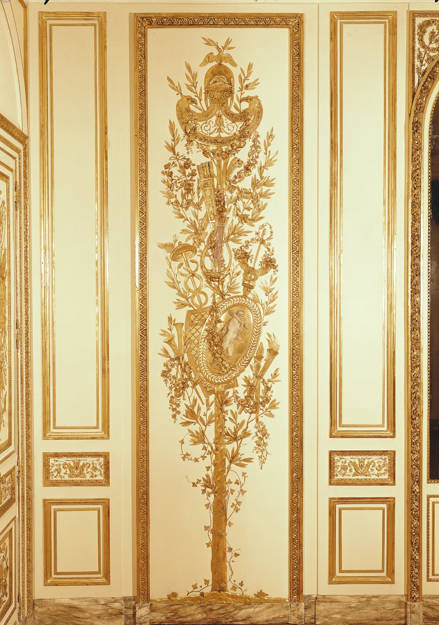 تفاصيل الألواح مع درع تذكاري ، قيثارة ، صولجان و caduceus لـ &39;Salon de Compagnie&39; في فندق d&39;Uzes في باريس ، من صنع جان بابتيست بويستون وجوزيف ميتيفييه ، c.1768 (خشب مذهب) بواسطة كلود نيكولاس ليدوكس