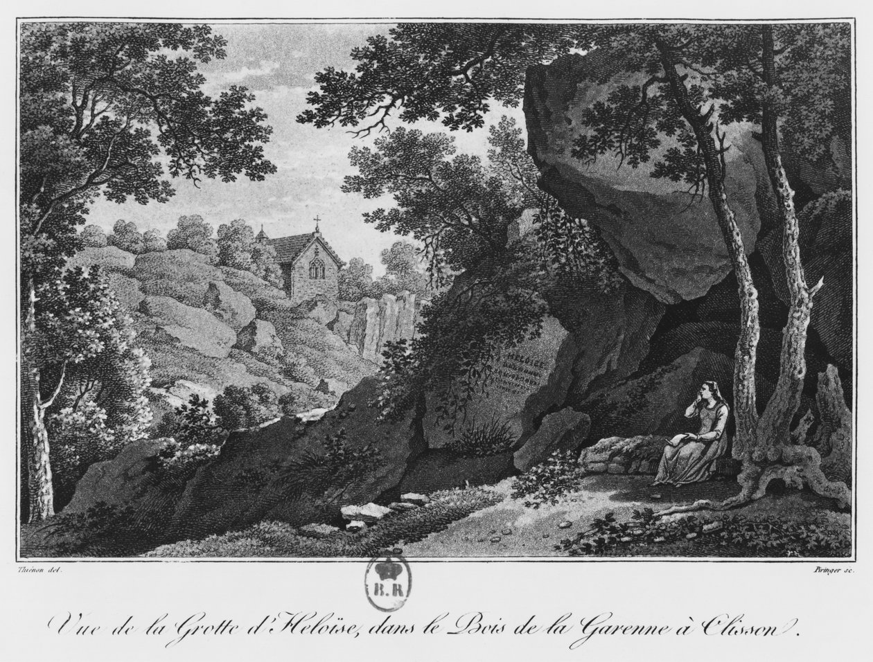 منظر لكهف Heloise في حديقة La Garenne في Clisson ، التوضيح من "رحلة خلابة في بوكيد Vendee أو إطلالات على Clisson والمناطق المحيطة بها" ، 1817 (aquatint) بواسطة كلود ثينون