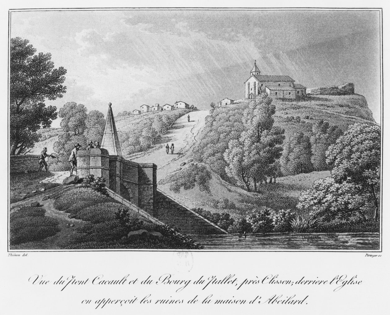 منظر لجسر Cacault وقرية Pallet ، بالقرب من Clisson ، أطلال منزل Abelard ، توضيح من "رحلة خلابة في bocage de la Vendee أو إطلالات على Clisson والمناطق المحيطة بها بواسطة كلود ثينون