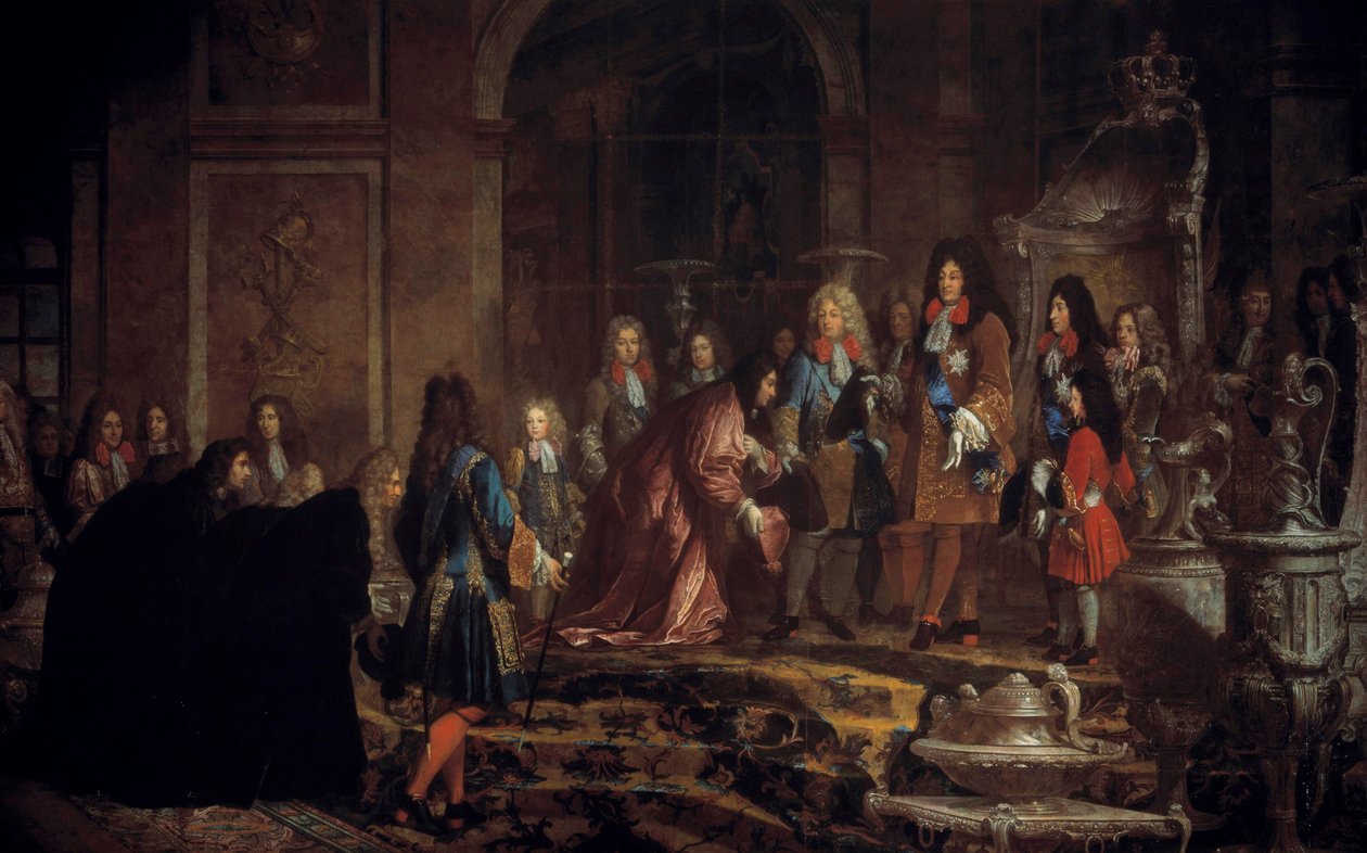 التعويض الذي قدمه دوج الجينات للملك لويس الرابع عشر في Galerie des Glaces في فرساي ، 15 مايو بواسطة كلود جاي هاله