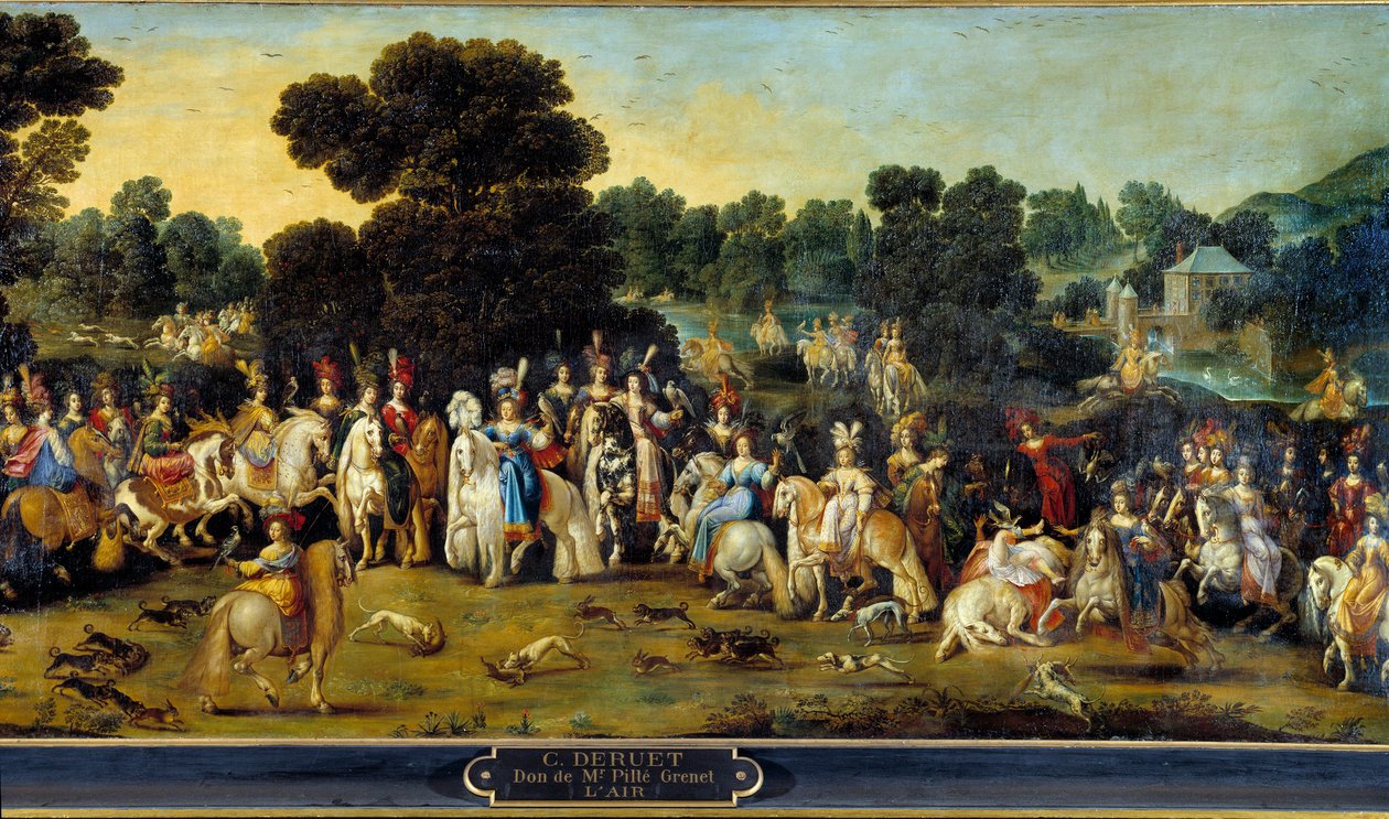 The four elements: “Air”. Hunting scene in the park of a castle. Detail. Painting by Claude Deruet (1588-1662) 1641 Sun. 1,14x2,58 m Orleans, musee des Beaux Arts بواسطة كلود ديروت